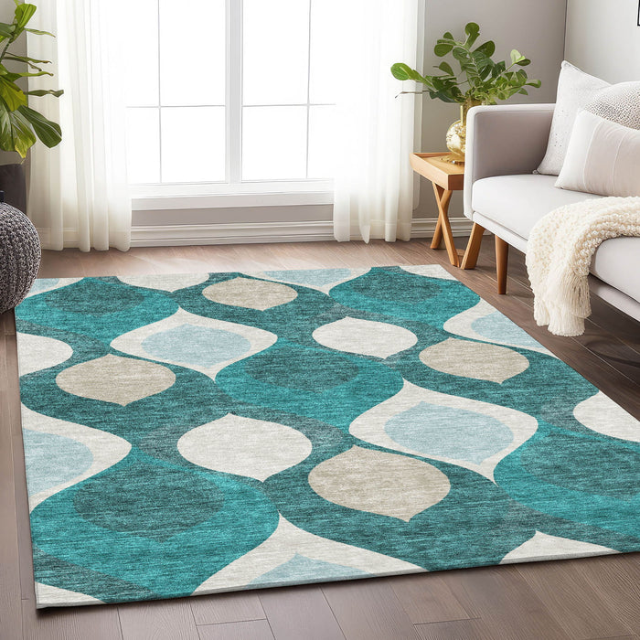 10' X 14' Ogee Washable Area Rug With UV Protection - Teal And Ivory