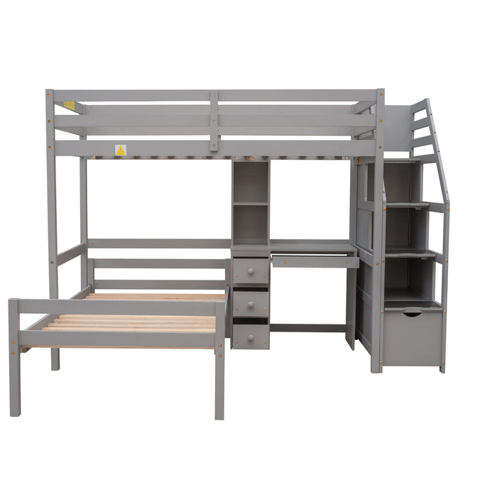 Giga loft bed with standalone bed, storage staircase, desk, shelves, and drawers in a modern bedroom setting