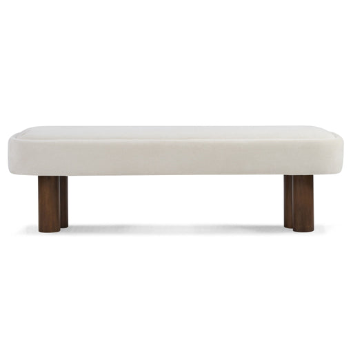 Giga indoor upholstered dining bench with padded seat and wooden legs, ideal for modern dining room seating.