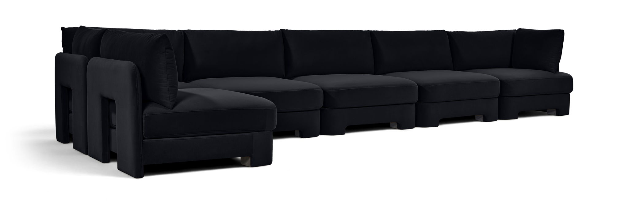 Meridian Furniture Hammond velvet performance fabric 6-piece L-shaped armless sectional with plush upholstery and modern design.