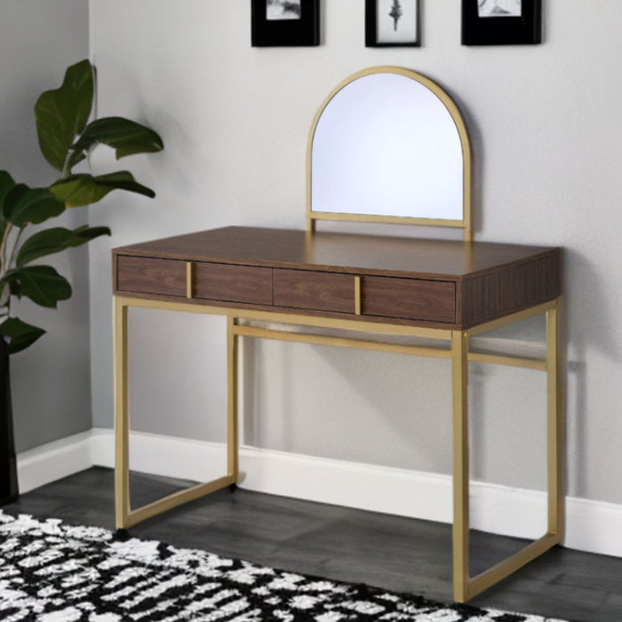 Finish Round Dresser Mirror - Walnut & Gold