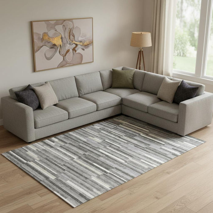 10' X 14' Striped Washable Area Rug With UV Protection (671060) - Gray / Ivory