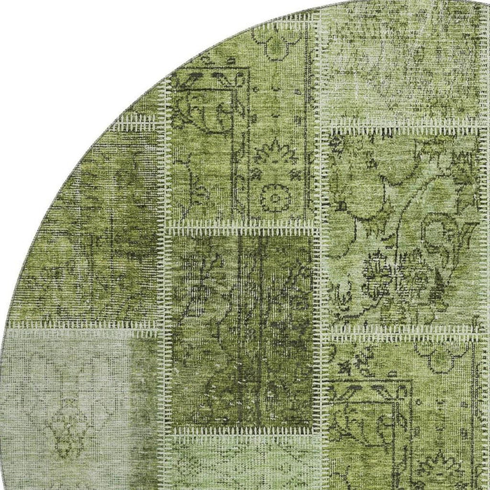 8' Patchwork Washable Round Rug With UV Protection - Olive Green And Gray