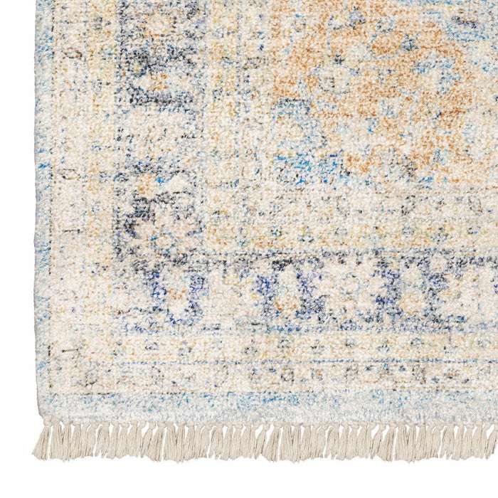 8' x 10' Oriental Hand Loomed Stain Resistant Area Rug With Fringe - Blue And Beige