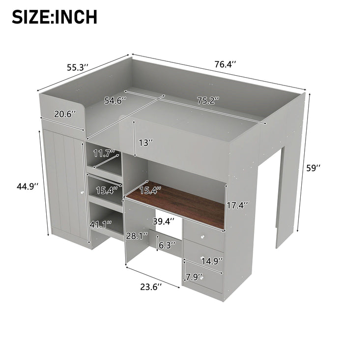 Giga loft bed with built-in wardrobe, desk, shelves, and drawers, featuring a modern wood finish and space-saving design