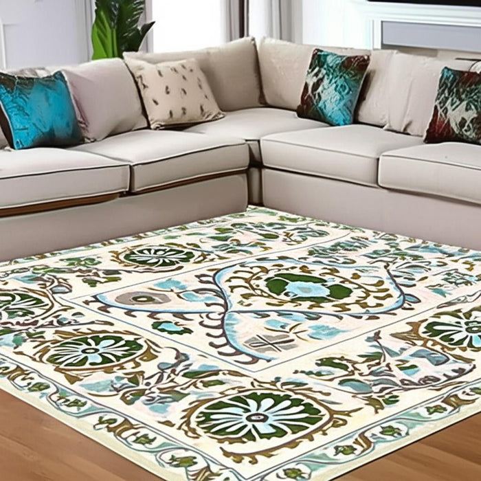 8' X 11' Tribal Washable Area Rug With UV Protection (610063) - Cream / Green / Blue