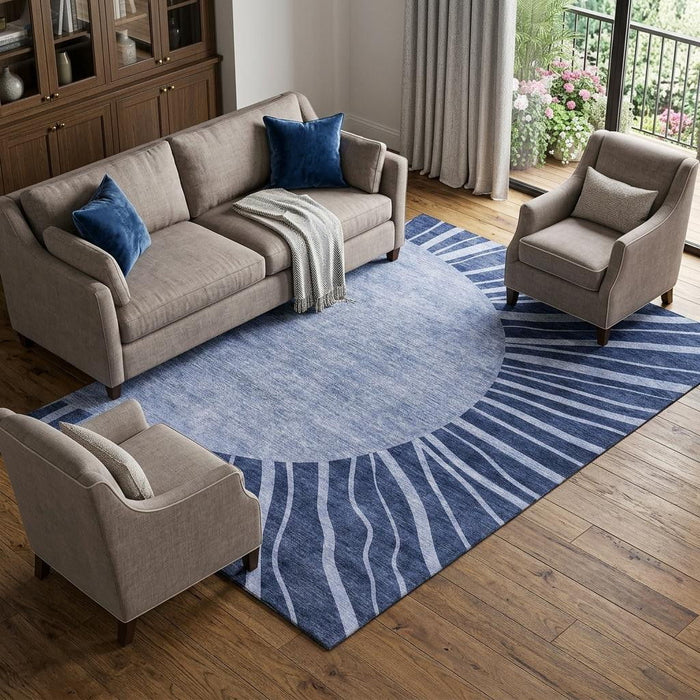 8' X 10' Abstract Washable Area Rug With UV Protection (655395) - Navy Blue / Ivory