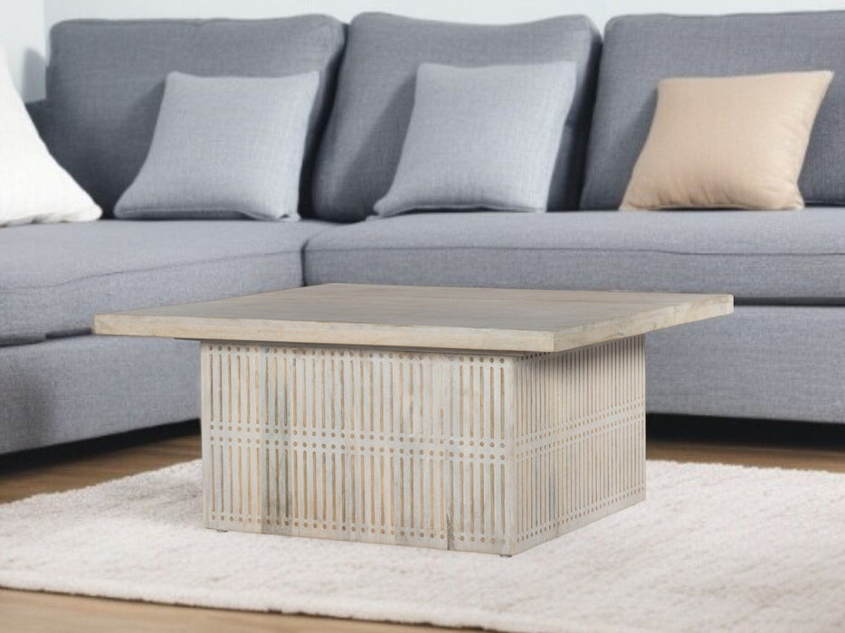 Rustic Carved Wood Storage Coffee Table - Graywash