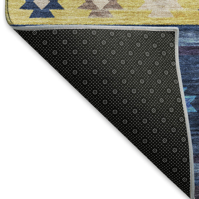 8' Geometric Washable Round Rug With UV Protection - Blue And Gold