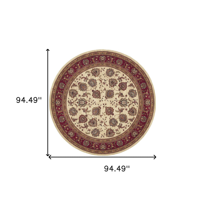 8' Traditional Oriental Round Rug - Ivory And Red
