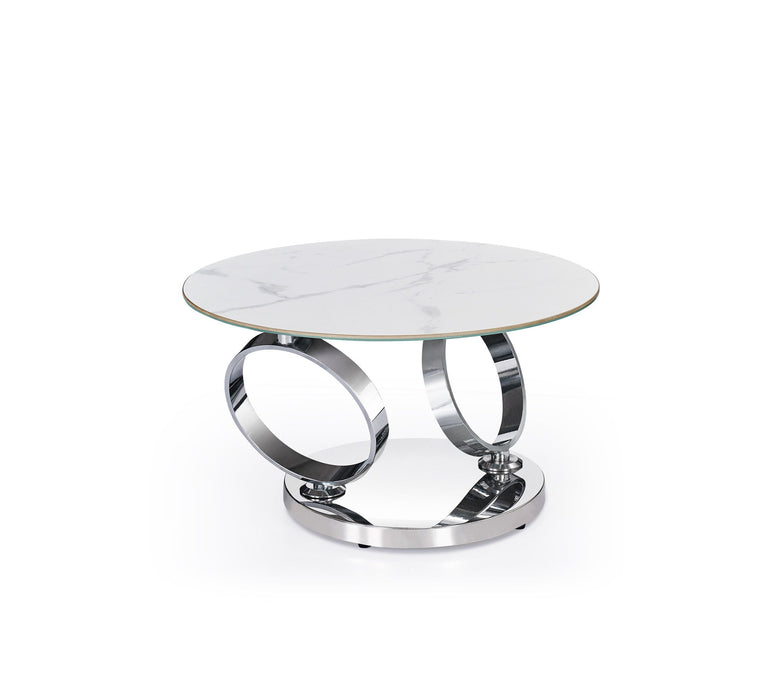 32" Ceramic Tile And Metal Round Abstract Coffee Table - White And Silver
