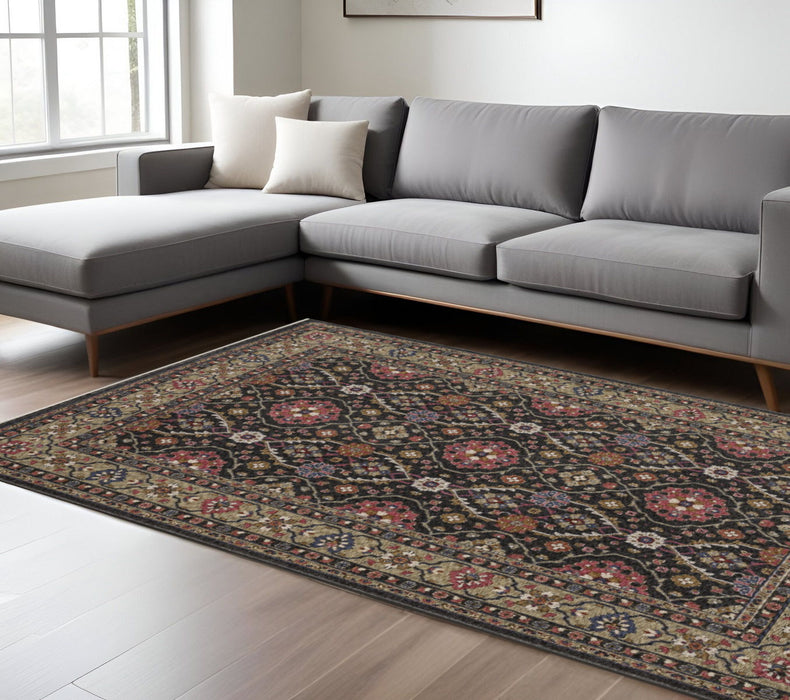 7' X 10' Oriental Area Rug With Fringe - Charcoal And Pink