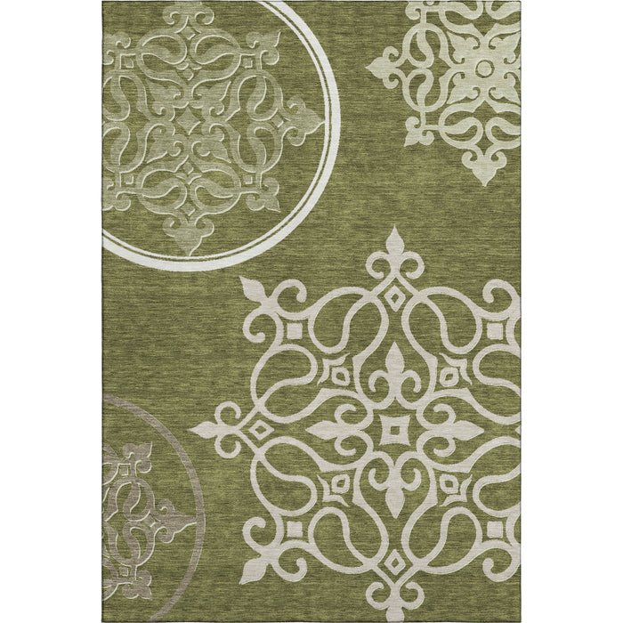 10' X 14' Floral Medallion Washable Area Rug With UV Protection (669540) - Olive Green / Ivory / Beige