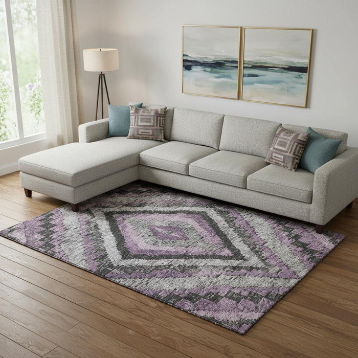 10' X 14' Diamond Washable Area Rug With UV Protection (707077) - Lavender / Charcoal / Gray