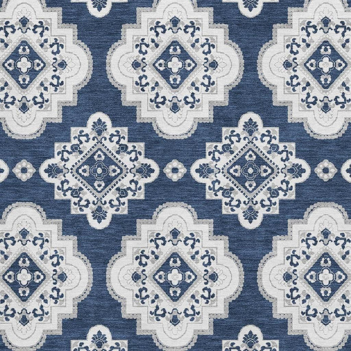 10' X 14' Medallion Washable Area Rug With UV Protection (669883) - Navy Blue / Ivory