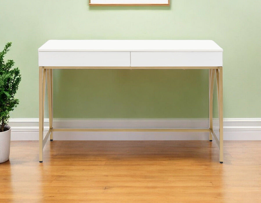 50" Writing Desk With Two Drawers - White And Gold