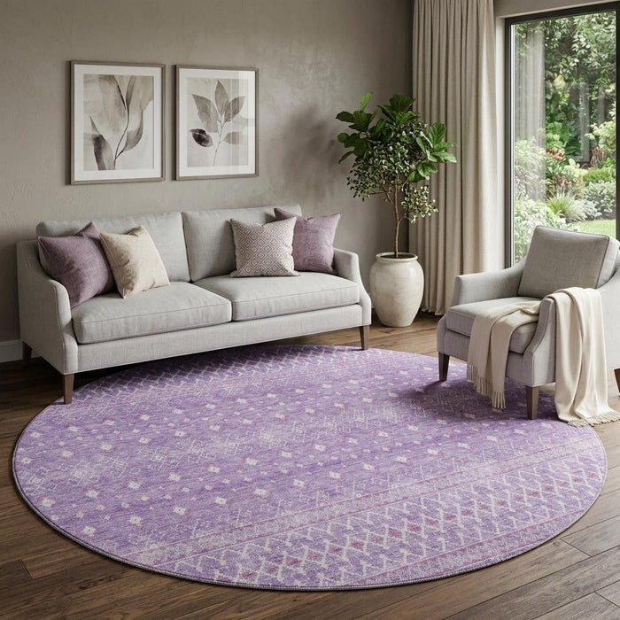 8' Tribal Washable Round Rug With UV Protection (657176) - Lavender / Ivory