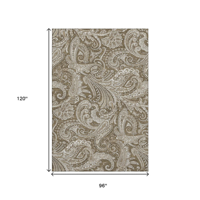 8' X 10' Paisley Washable Area Rug With UV Protection (654648) - Chocolate / Ivory