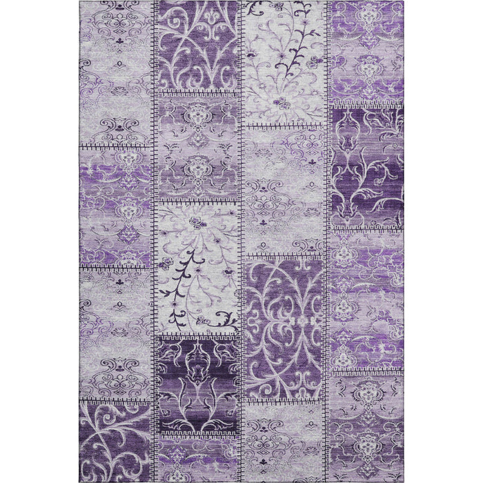 9' X 12' Patchwork Distressed Washable Area Rug With UV Protection (649581) - Purple / Ivory