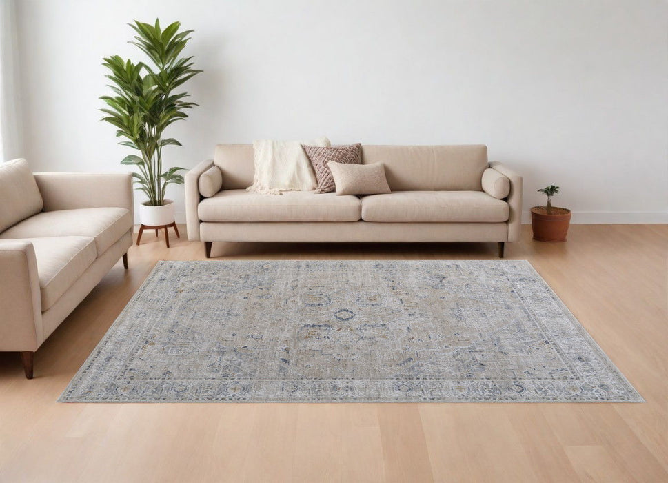 7' x 10' Oriental Power Loom Worn Faded Area Rug With Fringe - Ivory Taupe And Blue