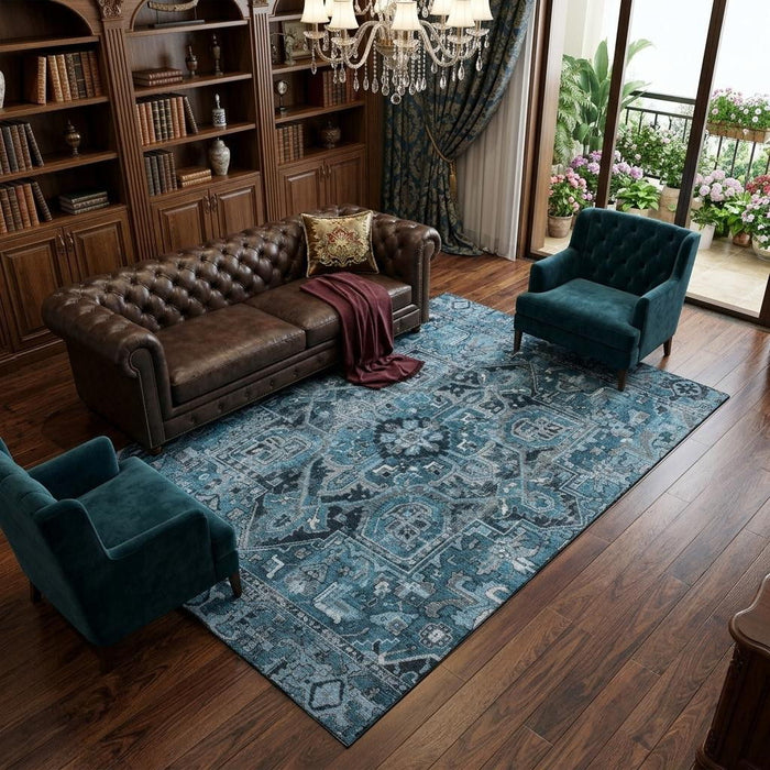 9' X 12' Oriental Washable Area Rug With UV Protection (649701) - Blue / Ivory