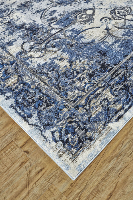10' x 14' Floral Distressed Stain Resistant Area Rug - Blue Ivory And Gray