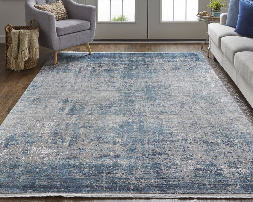 10' x 13' Abstract Power Loom Distressed Area Rug With Fringe - Blue Gray And Silver