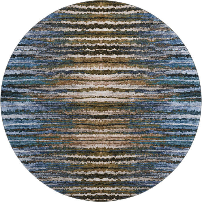 8' Striped Washable Round Rug With UV Protection (650983) - Blue / Brown / Gray