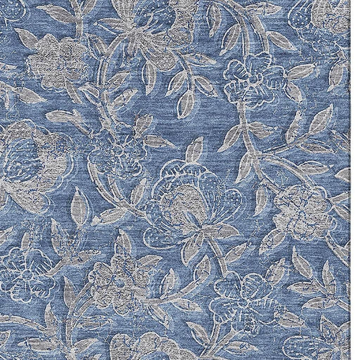 9' X 12' Floral Washable Area Rug With UV Protection - Denim Blue And Taupe