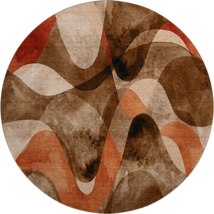 8' Abstract Washable Round Rug With UV Protection (648067) - Chocolate / Beige / Copper
