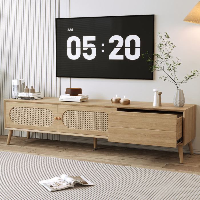 Natural wood TV stand for up to 80-inch TVs by Giga, media console with cabinet doors and open shelf storage.