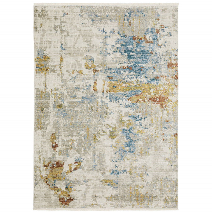 6' x 9' Abstract Power Loom Stain Resistant Area Rug With Fringe - Beige Gray Gold Blue Rust And Teal