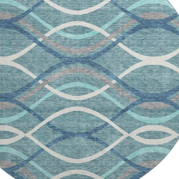 8' Transitional Transitional Abstract Washable Polyester Round Rug With UV Protection - Teal