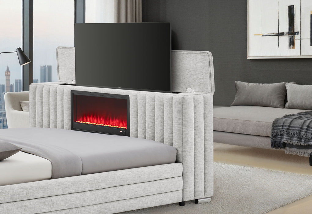 Elias - Queen Bed With Immersive Sound Speaker, LED, TV Lift, And Fireplace - Gray