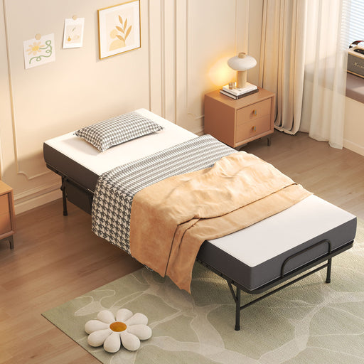 Black Giga twin folding bed with memory foam mattress on wheels, portable rollaway bed for adults and guests.