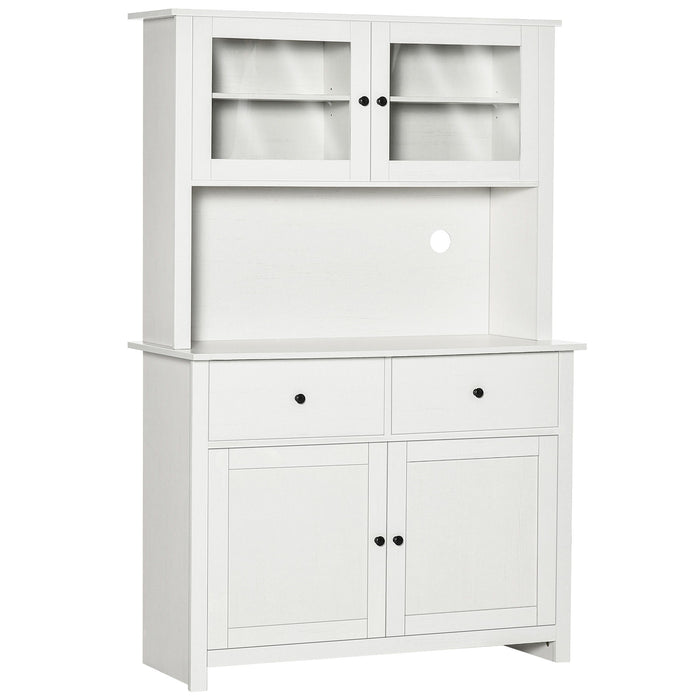 Giga Homcom 63.5-inch antique white kitchen buffet with hutch, glass doors, shelves, drawers, and open microwave countertop.