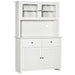 Giga Homcom 63.5-inch antique white kitchen buffet with hutch, glass doors, shelves, drawers, and open microwave countertop.