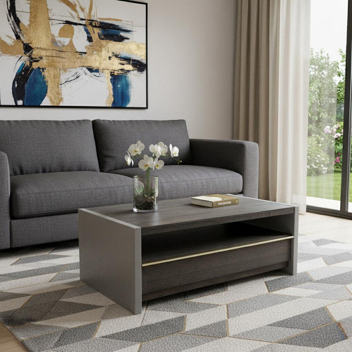 Rectangular Coffee Table With Drawer And Shelf - Dark Gray Walnut And Concrete