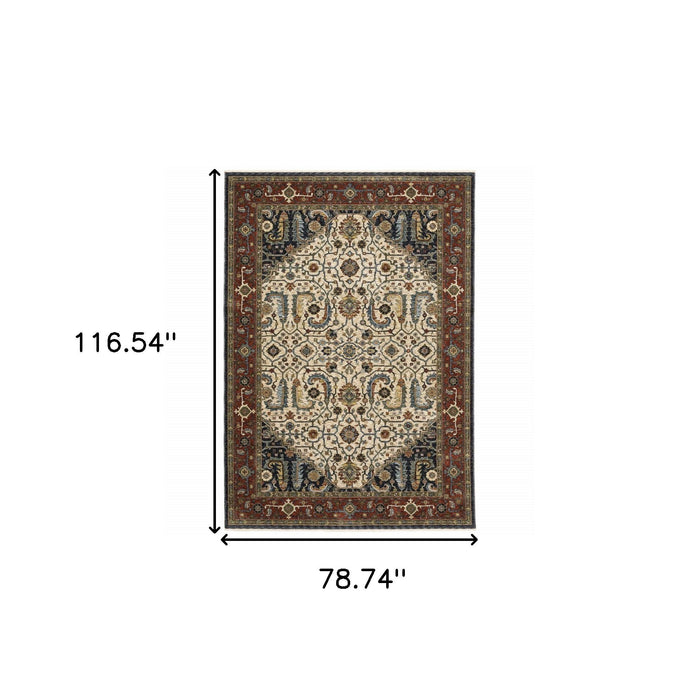 7' x 10' Oriental Power Loom Area Rug With Fringe - Beige And Ivory