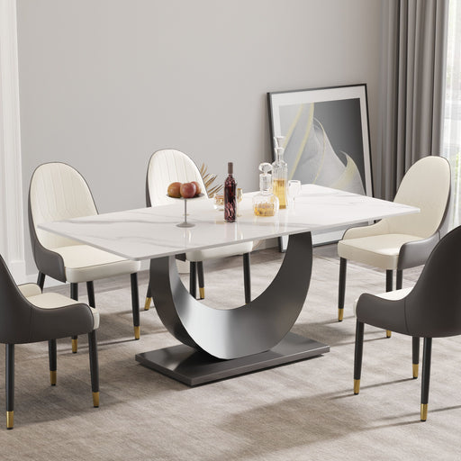 White and black modern dining table with crescent-shaped metal legs, 70.87 inches long, seats 6 to 8 people, by Giga.