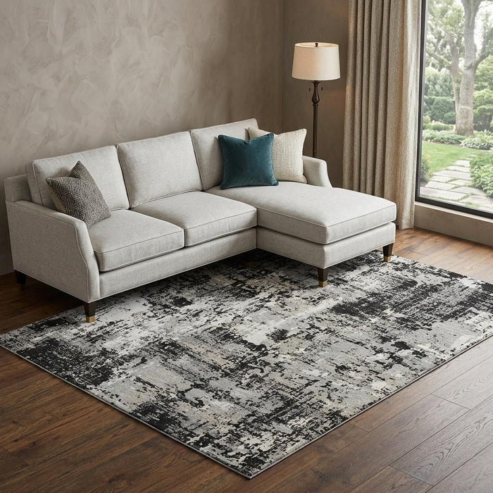 10' X 14' Abstract Washable Area Rug With UV Protection (679096) - Black / Ivory / Gray