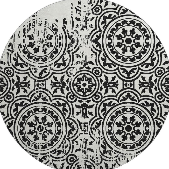 8' Medallion Washable Round Rug With UV Protection - Black And Ivory