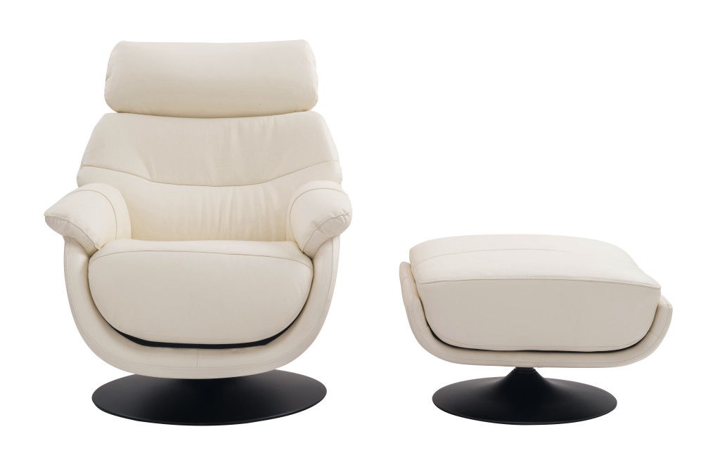 White tufted genuine leather swivel recliner with matching ottoman by HomeRoots, featuring a plush, comfortable design.