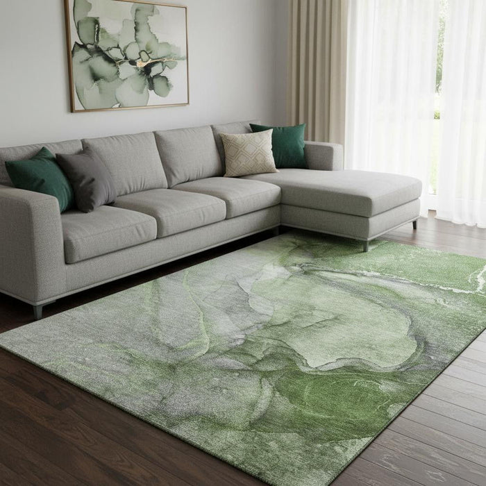 9' X 12' Abstract Washable Area Rug With UV Protection (647421) - Olive Green / Ivory