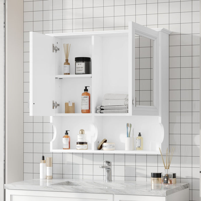 Giga wall-mounted mirror medicine cabinet with mirrored doors and open shelves for bathroom storage, showing clean, reflective surface.