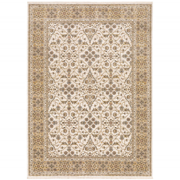 6.6' x 9.7' Oriental Power Loom Stain Resistant Area Rug With Fringe - Gold And Ivory