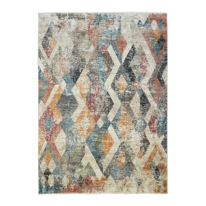 9' x 13' Geometric Distressed Area Rug With Fringe - Beige Blue And Gray
