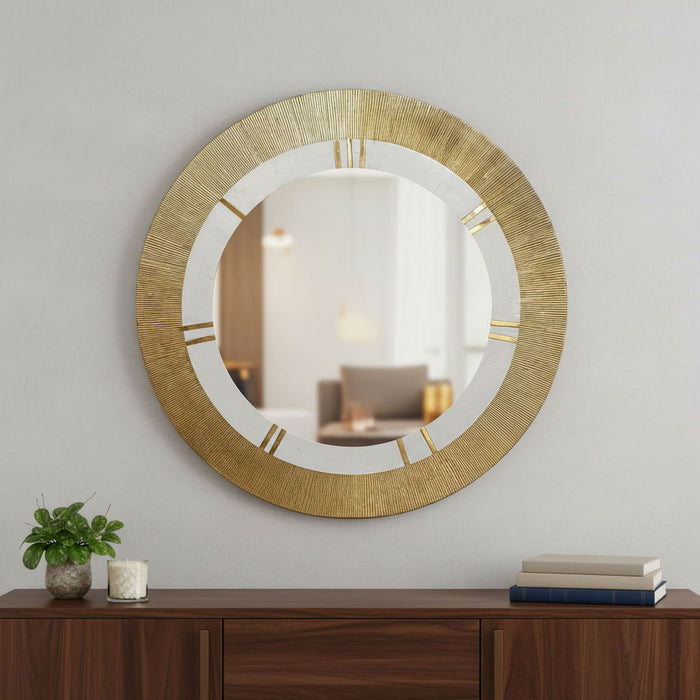 36" Round Aluminum Ribbed Edge Framed Accent Mirror - White / Gold