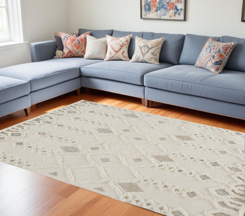 10' x 14' Wool Geometric Tufted Handmade Stain Resistant Area Rug - Ivory Tan And Silver