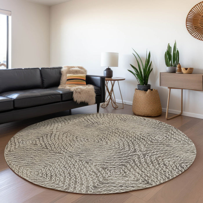 8' Geometric Washable Round Rug With UV Protection - Coffee And Beige